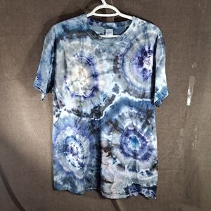 Hand Crafted Dark Blue Black White with Various Specks Ice Tie Dye Tee NWOT L